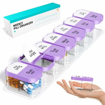Extra Large Weekly Pill Organizer XL Pill Box with 7 Detachable AM PM Compartments Portable Medicine Dispenser for Home and Travel(Purple)