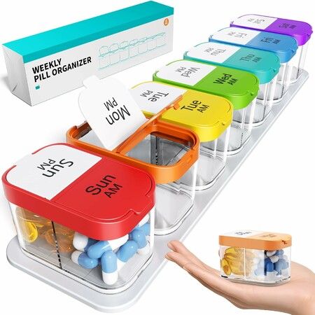 Extra Large Weekly Pill Organizer XL Pill Box with 7 Detachable AM PM Compartments Portable Medicine Dispenser for Home and Travel(Rainbow)