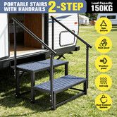 Caravan Steps Stairs Handrail Railings 2 Step RV Camper Mobile Motor Home Trailer Hot Tub 150kg Outdoor Portable Pet Safety Guard Ladder Carbon Steel