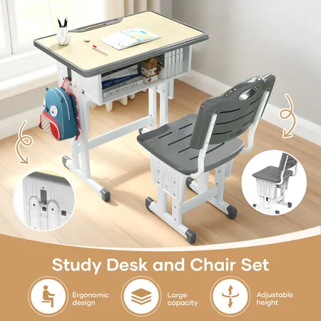 Kids Table and Chair Set Height Adjustable Toddler Study Desk Computer Seat Ergonomic Childrens School Students Writing Learning Stationery Storage