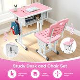 Kids Desk and Chair Set Ergonomic Height Adjustable School Students Study Table Seat Childrens Writing Stationery Bag Open Storage Drawer Side Hook