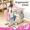 Kids Desk and Chair Set Ergonomic Height Adjustable School Students Study Table Seat Childrens Writing Stationery Bag Open Storage Drawer Side Hook