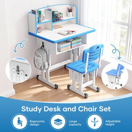 Study Desk and Chair Set Height Adjustable Ergonomic Kids Childrens Writing Table Seat Bookshelf Storage Shelves Drawer Side Hook Home School Students