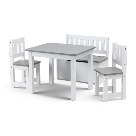 Keezi 2 in 1 Kids Table and Chair Set, Activity Table with Storage Bench and 2 Chairs for Reading, Drawing, Writing, Snack Time & Arts Crafts, 4 PCS Toddler Table and Chair Set, Grey