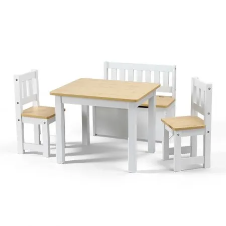 Keezi 2 in 1 Kids Table and Chair Set, Activity Table with Storage Bench and 2 Chairs for Reading, Drawing, Writing, Snack Time & Arts Crafts, 4 PCS Toddler Table and Chair Set, Natural
