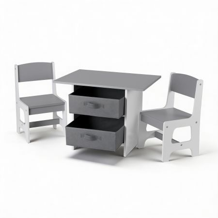 Keezi Kids Table and 2 Chairs Set Wooden Activity Table wit 2 Storage Drawers, Toddler Table and Chair Set for Children Drawing, Reading, Crafts, Eating, Grey
