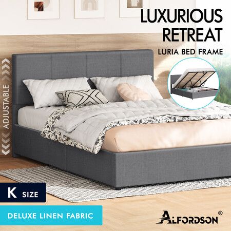 ALFORDSON Bed Frame King Gas Lift Storage Adjustable Headboard Grey LURIA