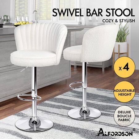 ALFORDSON 4x Bar Stools Gas Lift Boucle Bar Chairs Kitchen Swivel Dylan White