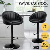 ALFORDSON 2x Bar Stools Gas Lift Leather Bar Chairs Kitchen Swivel All Black
