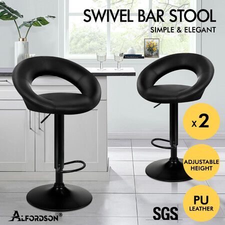 ALFORDSON 2x Bar Stools Ovadia Kitchen Swivel Chair Leather Gas Lift All Black