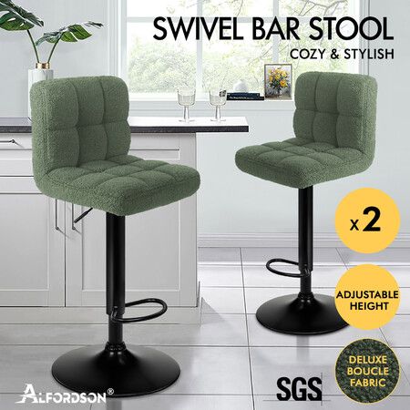 ALFORDSON 2x Bar Stools Ralph Kitchen Swivel Chair Boucle Gas Lift Green