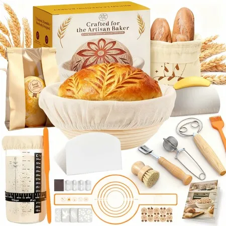 Sourdough Starter Kit Natural Rattan Proofing Basket with Full Accessories Sourdough Bread Baking Supplies for Bakers Women