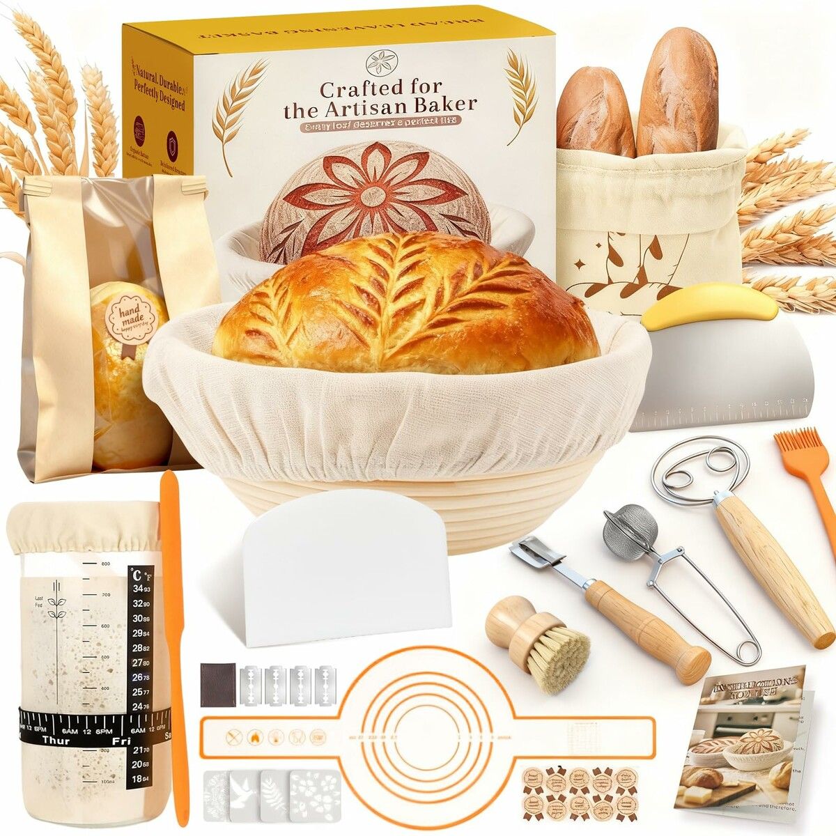Sourdough Starter Kit Natural Rattan Proofing Basket with Full Accessories Sourdough Bread Baking Supplies for Bakers Women
