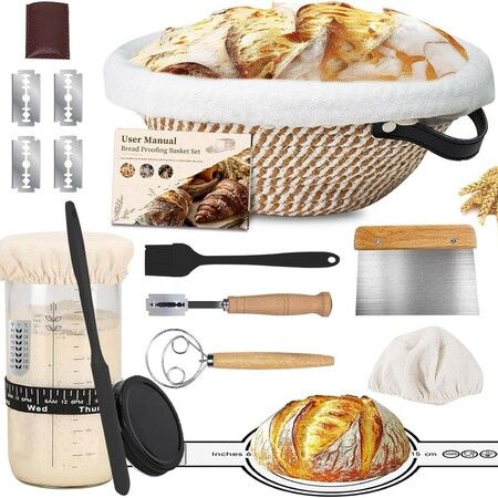 Sourdough Bread Starter Kit Cotton Banneton Proofing Basket 10" Round,Sourdough Kit Bread Baking Supplies with Starter Jar,Dough Whisk,Bread Lame Sling