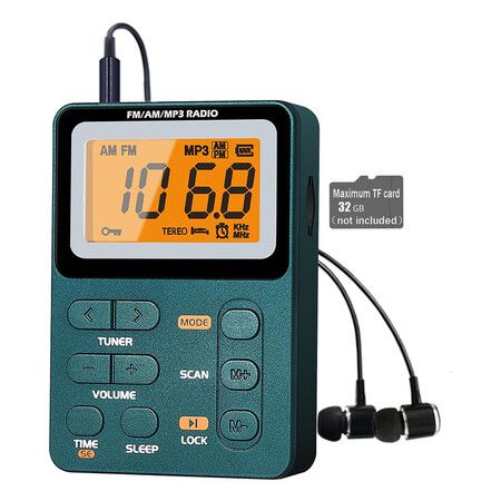 Portable Radio AM FM, Rechargeable Pocket Speaker with Best Reception Digital Tuning, MP3, Stereo Earphone for Jogging, Gym, Camping, Green