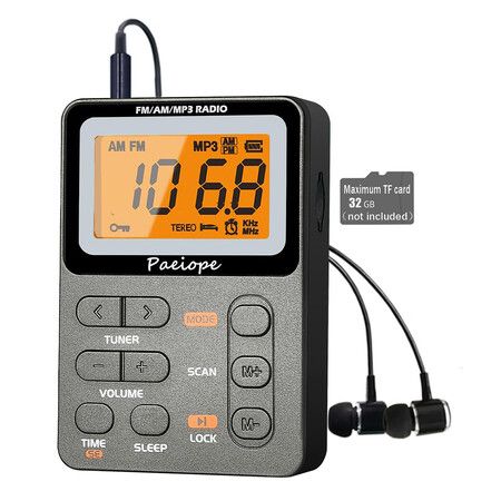 Portable Radio AM FM, Rechargeable Pocket Speaker with Best Reception Digital Tuning, MP3, Stereo Earphone for Jogging, Gym, Camping, Grey