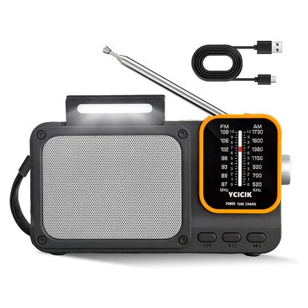 Portable AM/FM Radio with Bluetooth, Rechargeable Battery, Reading Lamp, Dual Power Supply, Pointer Tuner, Headphone Jack for Home, Black