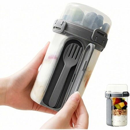 Reusable Yogurt Cups with Lids and Spoon,Oats Containers with Topping Compartment,Leak Proof Oatmeal Container Great for Breakfast & Salad(Grey)