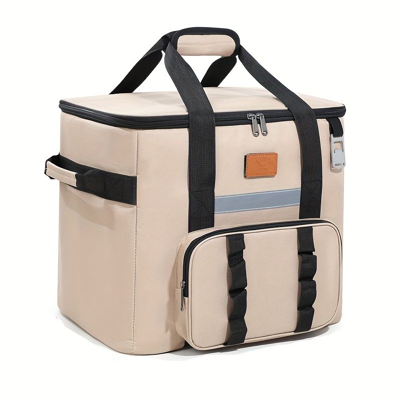 Freshness Ice Pack Lunch Bag,Large Capacity Multi-Pocket Portable Handbag,Cooler Bag for Outdoor Picnic,Camping,Food Delivery,Back to School Khaki
