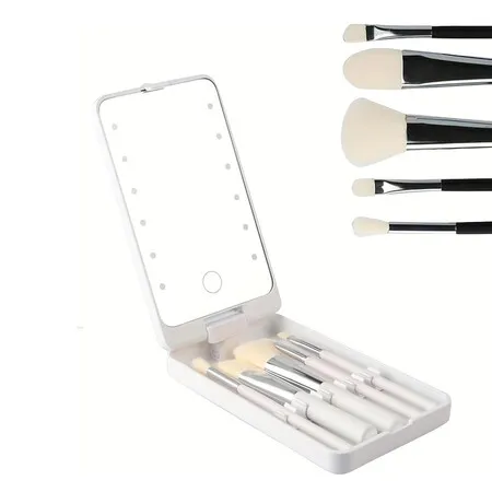 Portable Makeup Mirror with LED Lights, Rechargeable LED Makeup Mirror with Brush Set, for Women, Birthday Gift for Teens, White