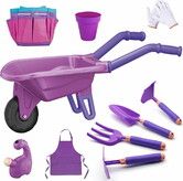 9pcs Kids Gardening Tool Set,Garden Outdoor Toys Kids Wheelbarrow Watering Can Gloves Hand Rake Shovel Trowel Double Hoe Apron,Purple