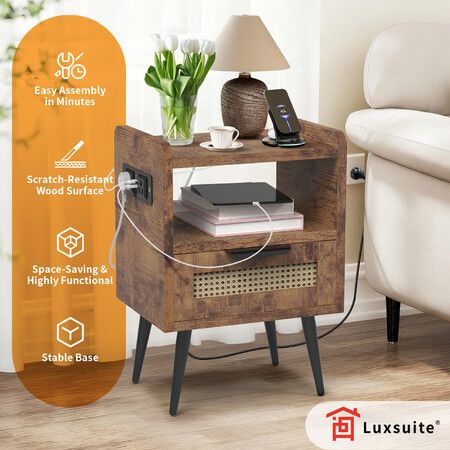 Bedside Table Side Nightstand Rattan Drawer Hall End Lamp Stand Coffee Laptop Desk Couch Storage Shelf with Charging Station Wooden Bedroom Furniture