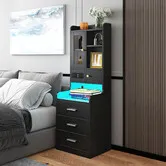 Bedside Table Bookshelf LED Nightstand Lamp Cabinet Wooden Shelving Unit Storage Drawers Shelves Compartments Stand Charging Station Acrylic Door