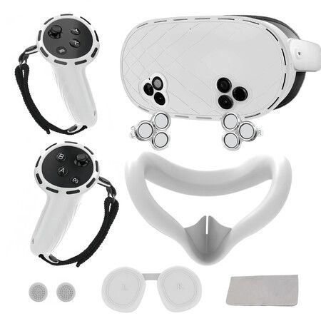 Silicone Cover Set for Meta Quest 3s Accessories,VR Protective Set for Oculus Quest 3s with Face Cover,VR Shell,Controller Grip,Joystick Caps(White Grey)