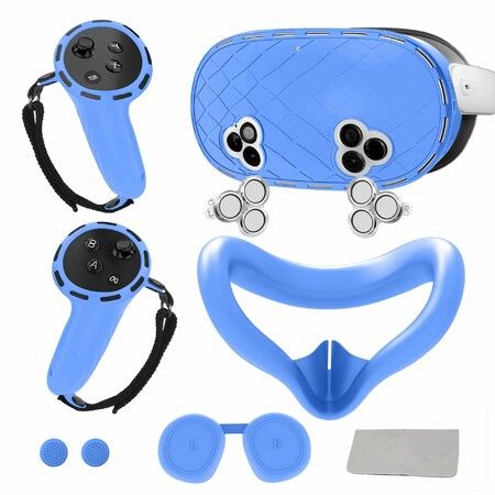 Silicone Cover Set for Meta Quest 3s Accessories,VR Protective Set for Oculus Quest 3s with Face Cover, VR Shell, Controller Grip, Joystick Caps(Blue)