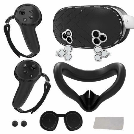 Silicone Cover Set for Meta Quest 3s Accessories,VR Protective Set for Oculus Quest 3s with Face Cover, VR Shell, Controller Grip, Joystick Caps(Black)