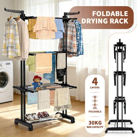 Clothes Drying Rack with Wheels Foldable Garment Laundry Horse Airer Hanger Rails Indoor 4 Tiers Support Stainless Steel Rolling Freestanding Black