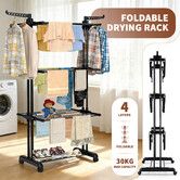 Clothes Drying Rack with Wheels Foldable Garment Laundry Horse Airer Hanger Rails Indoor 4 Tiers Support Stainless Steel Rolling Freestanding Black