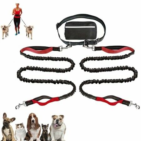 Retractable Hands Free Dog Lead with Dual Bungees for 2 Dogs, Adjustable Belt Belt Bag for Running Walking Hiking Jogging Biking Color Red