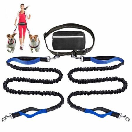 Retractable Hands Free Dog Lead with Dual Bungees for 2 Dogs, Adjustable Belt Belt Bag for Running Walking Hiking Jogging Biking Color Blue