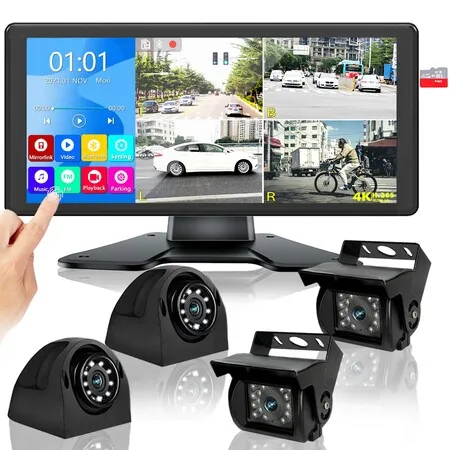 RV Backup Camera System 10.36 Inch 4K Monitor 4 Split Touch Screen DVR With 4 1080P HD Rear Side Cameras IP69 Waterproof