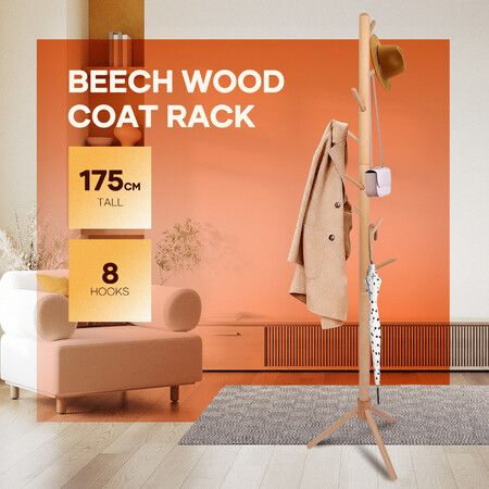 Coat Rack Stand Wooden Freestanding Entryway Home Hall Tree Organiser 8 Hooks 3 Adjustable Sizes Vertical Clothes Hat Handbag Hanger Storage 175x40cm