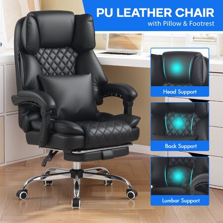 Ergonomic Office Chair Comfy Executive Computer Desk Swivel Recliner Armchair Gaming Home Work Study Reclining Adjustable Footrest PU Leather Black