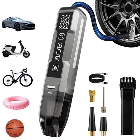 3 in 1 Cordless Tire Inflator Portable Air Compressor,150 PSI Air Pump with Auto Shutoff and LED Light,5400mAh Handheld Car Vacuum
