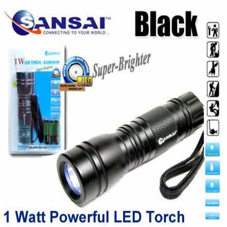 Sansai 1W LED Aluminium Torch Flashlight - Black