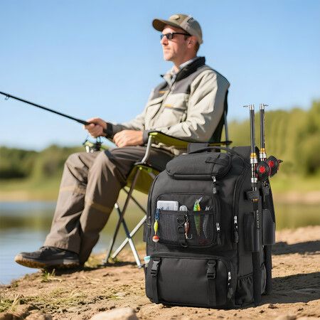 Fishing Tackle Backpack Sling Shoulder Bag 40L Large Water Resistant Outdoor Travel Tactical Hiking Gear Storage Fisherman Rod Reel Equipment Holder