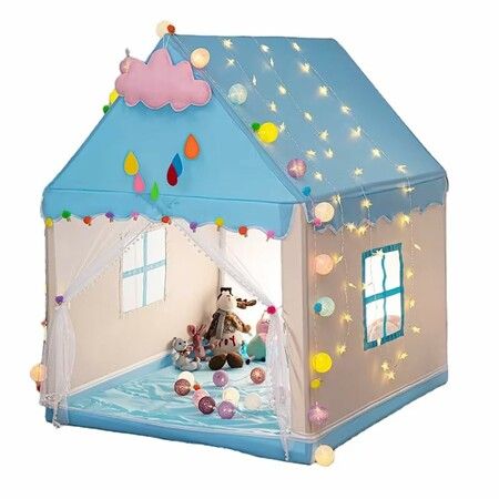 Kids Prince Tent Indoor Playhouse Castle Game Room Sleeping Mosquito Net Cotton Ball Light Cloud Butterfly Decoration PVC Tube Birthday Gift COL Blue