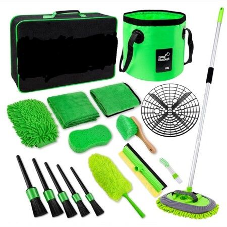 17Pcs Car Wash Kit,62" Car Wash Brush Mop with Long Handle,Car Cleaning Kit Detailing Brush Set Wash Bucket Wheel Brush,Complete Interior Car Cleaning