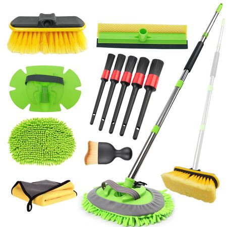 Car Wash Brush With Long Handle Car Wash Kit With Tire Brush Tower, Window Squeegee Chenille Microfiber Detailing Brushes Kit Supplies For Car(12 Pcs)
