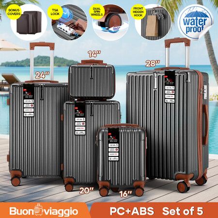 5 Piece Suitcases Luggage Set Carry On Checked Travel Case Cabin Hard Shell Trolley Travelling Bags Hand Baggage Lightweight TSA Lock Front Hook Covers