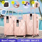 3 Piece Luggage Suitcase Set Carry On Traveller Bag Hard Shell Cabin Baggage Travel Case Lightweight Rolling Trolley TSA Lock Front Hook 2 Covers Pink