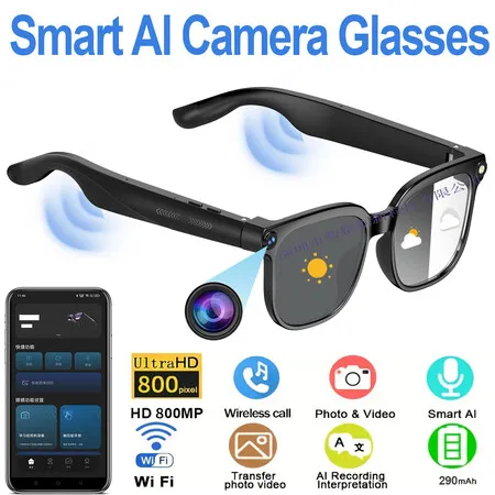AI Smart Glasses with Camera and Audio 8MP HD Camera Glasses 1080P Video Recording,Real Time Translation,Voice Assistant,Open-Ear Audio for Travel Vlogging