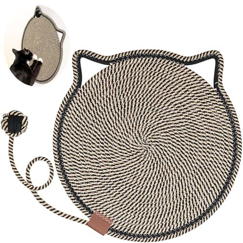 Cat Scratcher Mat Natural Cotton Rope Scratch Pad 15.7in Round Horizontal Floor Scratching Pads for Indoor Cats,Furniture Protector for Wall,Sofas(Black)
