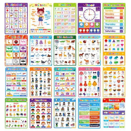 20 Sheets Fun Learning Poster Flash Cards Pre-K and Kindergarten Learning Activities Suitable for Autistic Children and Primary School Kids