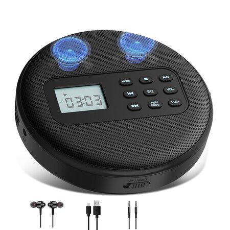 Portable CD Player for car, Rechargeable Walkman CD Player with Stereo Speakers and Anti-Skip Protection Discman CD Player