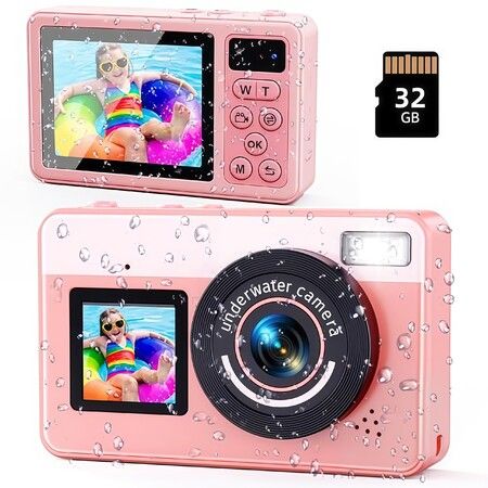 Digital Camera,3M Underwater Camera,2.8 Inch Dual Screen Waterproof Compact Portable For Snorkeling,18X Digital Zoom for Kids Teenagers Beginners